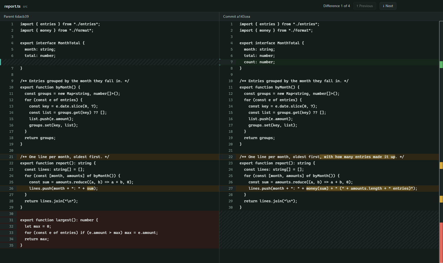 A file side by side: the parent on the left, the commit on the right, with the location bar marking each difference