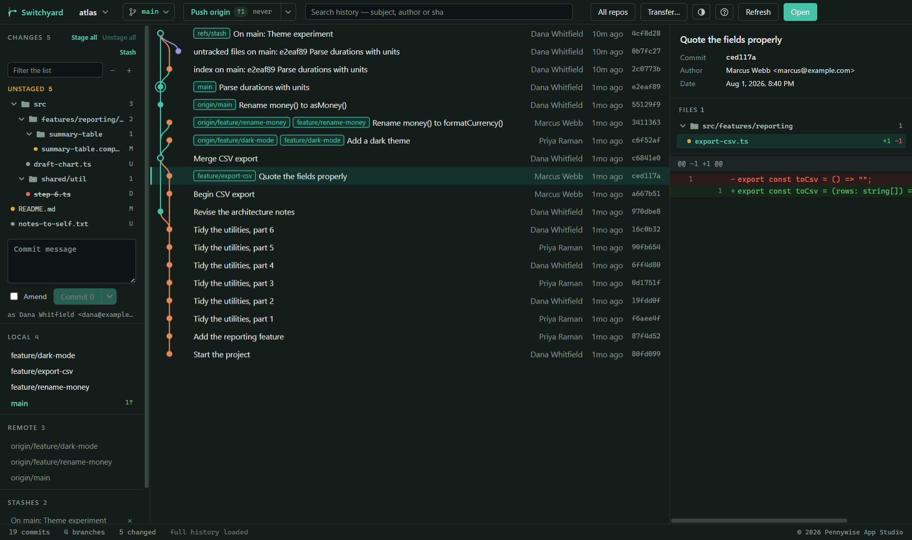 The main window: changes on the left, the commit graph in the middle, a commit's files and diff on the right