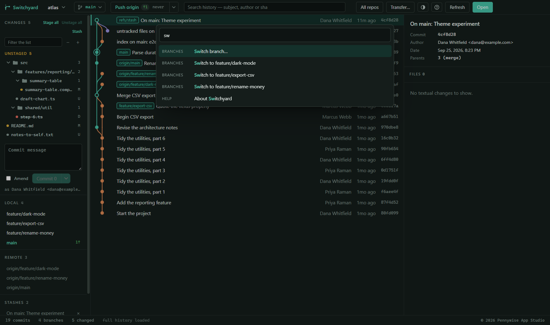 The command palette over the main window, filtering to switch commands